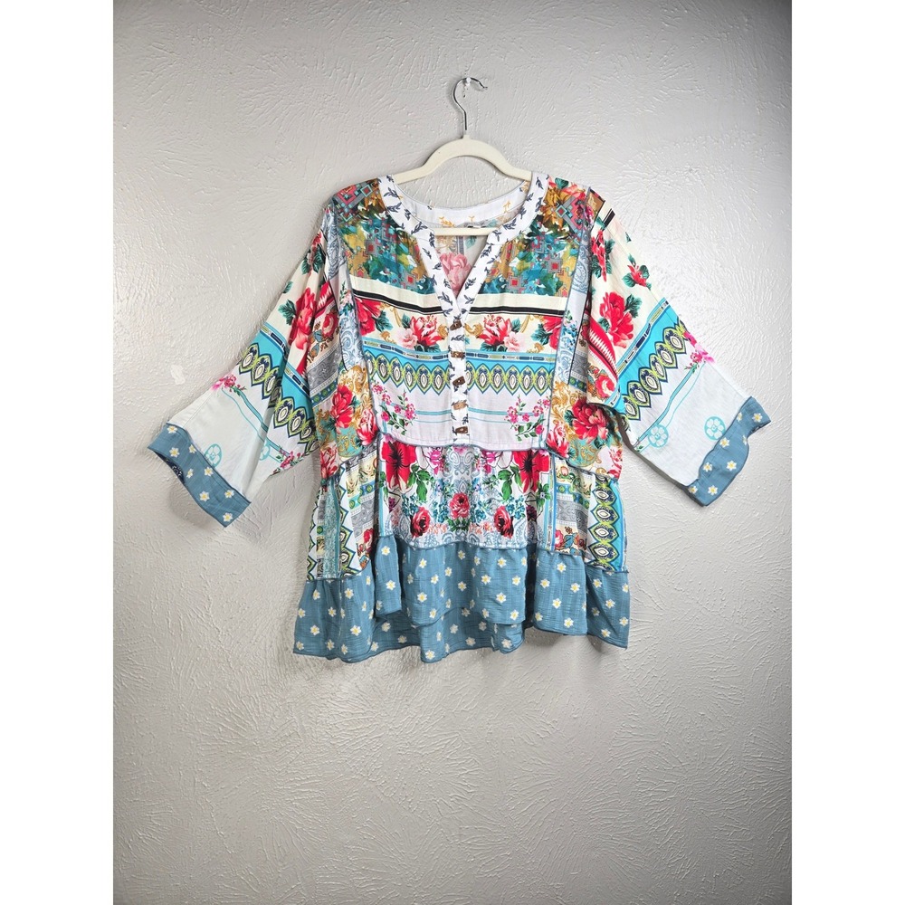 John Mark Floral Patchwork Blouse L Multi Color Relaxed Eclectic Boho Artsy Top